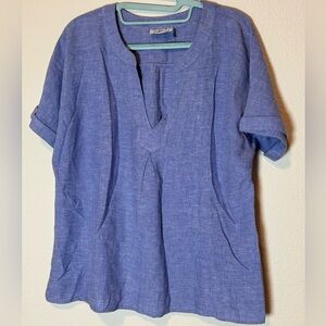 Blue Linen Blend Short Sleeve Top